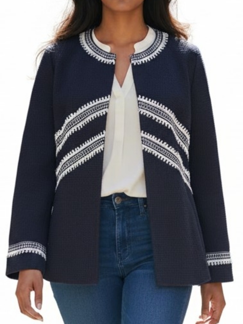 Chicos Blazer Size 2 L 12 Black White Beaded Trim Waffle Knit 1 Hook Loop Pocket